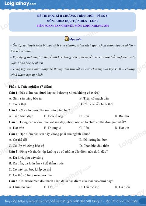 Đề thi học kì 2 KHTN 6 Kết nối tri thức - Đề số 8